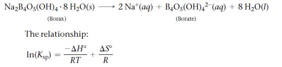 NaB4O5(OH)4 8 HO(s) (Borax) The relationship: In(Ksp) -AH AS + RT R 2 Na+ (aq) + B4O5(OH)42 (aq) + 8 H0 (1)