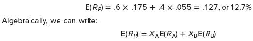 E(Rp) = .6 x .175 + 4 x .055 = .127, or 12.7% Algebraically, we can write: E(Rp) = XAE(RA) + XBE(RB)