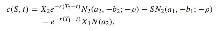 c(S, t) = Xe-(2-1) N(a2, -b; -p) - SN(a, b; -p)  er(T) XN (a2),