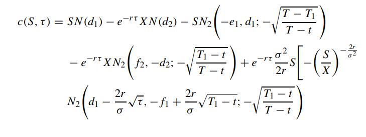 SN (d) - et XN(d2) - SN-e, d; d; c(S, T) SN (d) - e = - e- XN f2, -d2; - 2r N(d - 2/= T - S + -t, -fi T T 2r