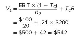 EBIT x (1 - Tc) + T&B Ro $100 .20 + .21 x $200 = $500+ 42 = $542 VL =
