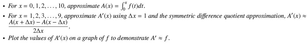 For x = 0, 1, 2, ..., 10, approximate A(x) = for f(t)dt. For x = 1, 2, 3,...,9, approximate A'(x) using Ax =