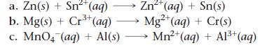a. Zn(s) + Sn+ (aq) b. Mg(s) + Cr+ (aq)  Zn+ (aq) + Sn(s) Mg+ (aq) + Cr(s) c. MnO4 (aq) + Al(s)  Mn+ (aq) +