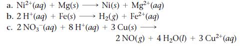 2+ Ni(s) + Mg+ (aq) H(g) + Fe+ (aq) a. Ni+ (aq) + Mg(s) b. 2 H+ (aq) + Fe(s) c. 2 NO3(aq) + 8 H+ (aq) + 3