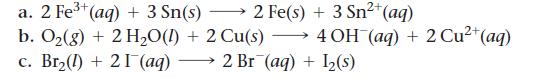 2+ a. 2 Fe+ (aq) + 3 Sn(s) 2 Fe(s) + 3 Sn+ (aq) b. O(g) + 2 HO(l) + 2 Cu(s)  4 OH(aq) + 2 Cu+ (aq) c. Br(1) +