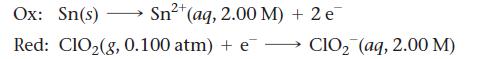 2+ Sn+ (aq, 2.00 M) + 2 e Ox: Sn(s) Red: ClO(g, 0.100 atm) + e- CIO (aq, 2.00 M)