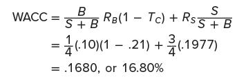 B S + B = (-10)(1  21) + (-1977) = .1680, or 16.80% S RB(1 - Tc) + RSS + B WACC: