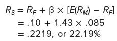 Rs = RF + B x [E(RM) - RF] = .10+ 1.43 x .085 = .2219, or 22.19%