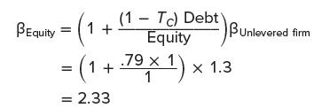 BEquity = 1 1 + (1 Tc) Debt Equity - B Unlevered firm = (1 + (1 +-79 x 1): 7 x 1)  1.3 1 = 2.33