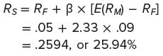 Rs RF + B x [E(RM) - RF] = .05 +2.33 x .09 = .2594, or 25.94%