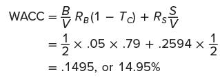 WACC =RB(1 - Tc)+ Rsv 1.05  .79 + .2594  1/1/2 X 2 = .1495, or 14.95%