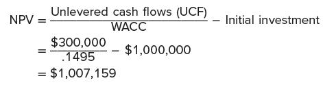 NPV Unlevered cash flows (UCF) WACC $300,000 .1495 = $1,007,159 $1,000,000 Initial investment