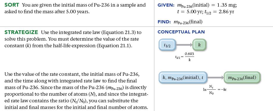 SORT You are given the initial mass of Pu-236 in a sample and asked to find the mass after 5.00 years.