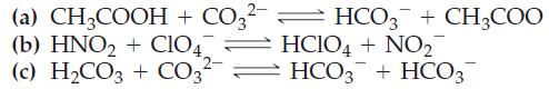 (a) CH3COOH + CO3- = HCO3 + CH3COO (b) HNO + ClO4 2- HCIO4 + NO HCO3 + HCO3 (c) HCO3 + CO3
