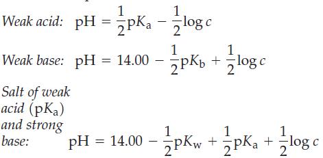 1 1 Weak acid: pH = 1pK - log c 1 Weak base: pH = 14.00 - Salt of weak acid (pka) and strong base: 2pKb 2PK