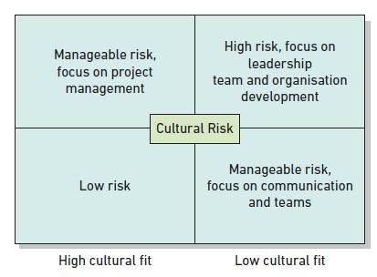 Manageable risk, focus on project management Low risk High cultural fit High risk, focus on leadership team