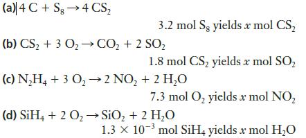 (a)| 4 C+ Sg 4 CS 3.2 mol Sg yields x mol CS (b) CS+3 0 CO + 2 SO 1.8 mol CS yields x mol SO (c) NH4 + 3 O  2