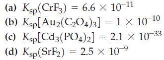 (a) Kap(CrF3) = 6.6  10-1 (b) Ksp [Au2(C2O4)3] = 1  10-10 (c) Ksp [Cd3(PO4)2] = 2.1  10-33 (d) Ksp (SrF) =