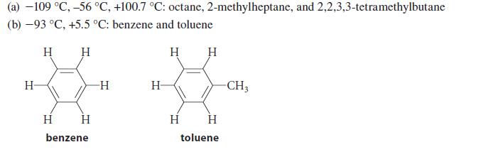 (a) -109 C, -56 C, +100.7 C: octane, 2-methylheptane, and 2,2,3,3-tetramethylbutane (b)-93 C, +5.5 C: benzene