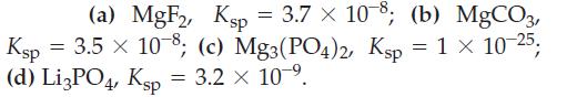 (a) MgF2, Ksp = 3.7  10-8; (b) MgCO3, Ksp = 3.5  10-8; (c) Mg3(PO4)2, Ksp = 1  10-25; (d) Li3PO4, Ksp = 3.2 