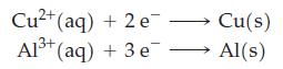Cu+ (aq) + 2 e Al+ (aq) + 3 e Cu(s) Al(s)