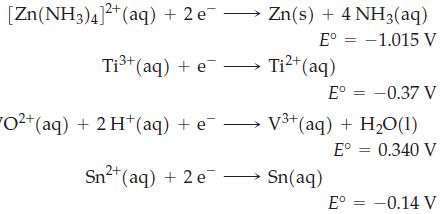 [Zn(NH3)4]+ (aq) + 2 Ti+ (aq) + e e Zn(s) + 4 NH3(aq) E -1.015 V 2+ Sn+ (aq) + 2 e Ti+ (aq) O2+ (aq) + 2 H+
