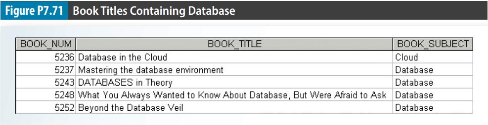 Figure P7.71 Book Titles Containing Database BOOK NUM BOOK TITLE 5236 Database in the Cloud 5237 Mastering