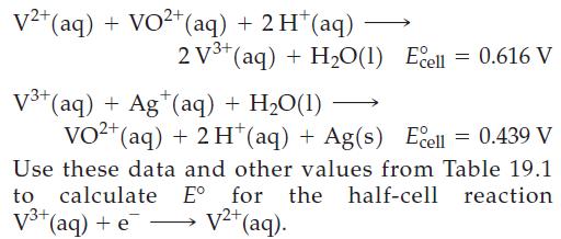 V+ (aq) + VO+ (aq) + 2 H+ (aq) 2 V3+ (aq) + HO(1) Ecell = 0.616 V V+ (aq) + Ag (aq) + HO(1) VO2+ (aq) + 2 H+