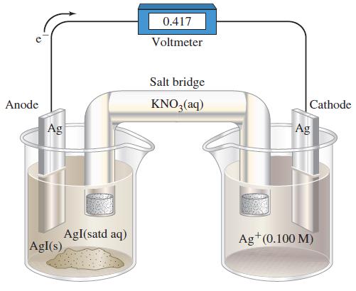 Anode Ag AgI(s) AgI(satd aq) 0.417 Voltmeter Salt bridge KNO3(aq) Cathode Ag Ag+ (0.100 M)