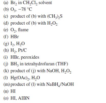 (a) Br in CHCl solvent (b) 03, -78 C (c) product of (b) with (CH3)2S (d) product of (b) with HO (e) O, flame
