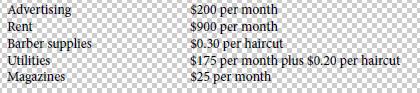 Advertising Rent Barber supplies Utilities Magazines $200 per month $900 per month $0.30 per haircut $175 per