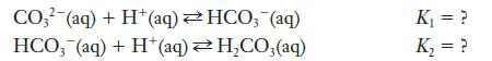 CO3(aq) + H+ (aq)  HCO3(aq) HCO, (aq) + H*(aq)  HCO3(aq) K = ? K = ?