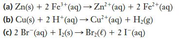 3+ 2+ (a) Zn(s) + 2 Fe+ (aq)  Zn+ (aq) + 2 Fe+ (aq) (b) Cu(s) + 2 H+ (aq)  Cu+ (aq) + H(g) (c) 2 Br (aq) +