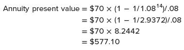Annuity present value = $70 x (1 - 1/1.08/.08 = $70 x (1 1/2.9372)/.08 = $70 x 8.2442 = $577.10