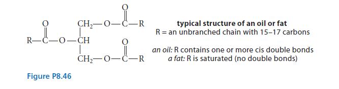 CH,O- -0CH Figure P8.46 -R CH-0-C-R typical structure of an oil or fat R = an unbranched chain with 15-17