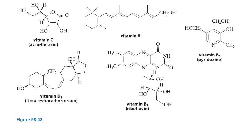 HO. HO HO H H HO vitamin C (ascorbic acid) CH Figure P8.48 OH R CH3 vitamin D3 (R = a hydrocarbon group) H