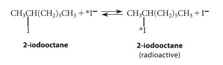 CH3CH(CH)5CH3 +*1 CH3CH(CH)5CH3 + I- +*I  2-iodooctane 2-iodooctane (radioactive)