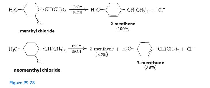 HC- Cl menthyl chloride HC- CH(CH3)2 Figure P9.78 "CH(CH3)2 neomenthyl chloride EtO- EtOH EtO- EtOH HC-