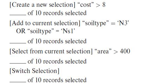 [Create a new selection] "cost"> 8 of 10 records selected [Add to current selection] "soiltype" = 'N3' OR
