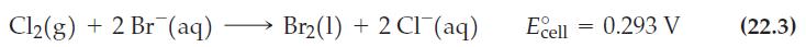 Cl(g) + 2 Br (aq) Br(1) + 2 Cl(aq) Ecell = 0.293 V (22.3)
