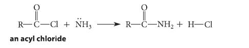 R-C-Cl + NH3 an acyl chloride R-C-NH + H-Cl