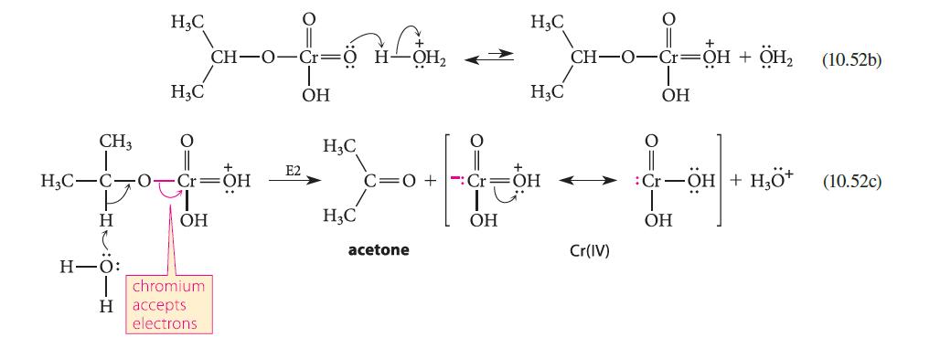 HC H-O: H3C chromium H accepts qun OH electrons CH-O-Cr= E2 CH3 O + HC-C O Fafe [f OH C=0+ H OH OH HC -OH H3C