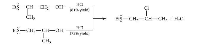 EtS -CH-CH-OH | CH3 EtS-CH-CH-OH T CH3 HCI (81% yield) HC1 (72% yield) Cl +1 EtSCH,CHCH3 + H,O