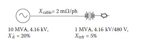 Xcable=2 m2/ph 10 MVA, 4.16 kV, Xa = 20% 1 MVA, 4.16 kV/480 V, Xtrfr = 5%