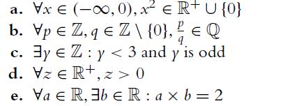 a. Vx  (-0, 0), x  R+ U {0} b. VpZ,qe Z\ {0},   Q P  c. y Z: y < 3 and y'is odd d. Vze R+, z>0 e. Va e R,