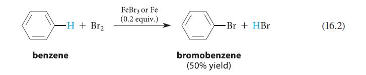 -H+ Br benzene FeBr3 or Fe (0.2 equiv.) -Br + HBr bromobenzene (50% yield) (16.2)