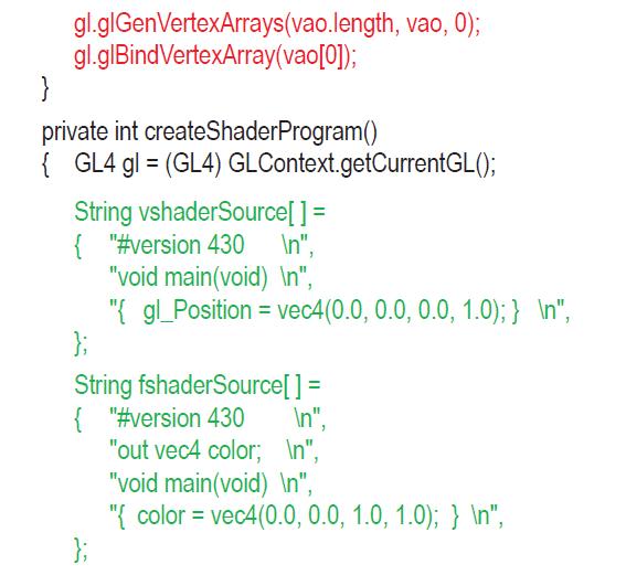 gl.glGenVertexArrays(vao.length, vao, 0); gl.glBindVertexArray(vao[0]); } private int createShader Program()