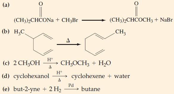 (a) (CH3)2CHCONa+ CH3Br (b) HC H+ (c) 2 CH3OH H+ (d) cyclohexanol A (e) but-2-yne + 2 H A (CH3)2CHCOCH3 +