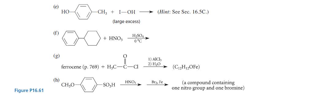 Figure P16.61 (e) (h) HO -CH3 + I-OH CH0- (large excess) + HNO3 ferrocene (p. 769) + HC- -SOH HSO4 0C C-Cl