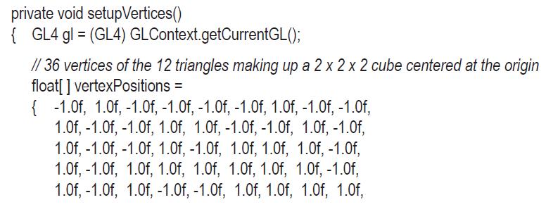 private void setupVertices() { GL4 gl= (GL4) GLContext.getCurrentGL(); // 36 vertices of the 12 triangles